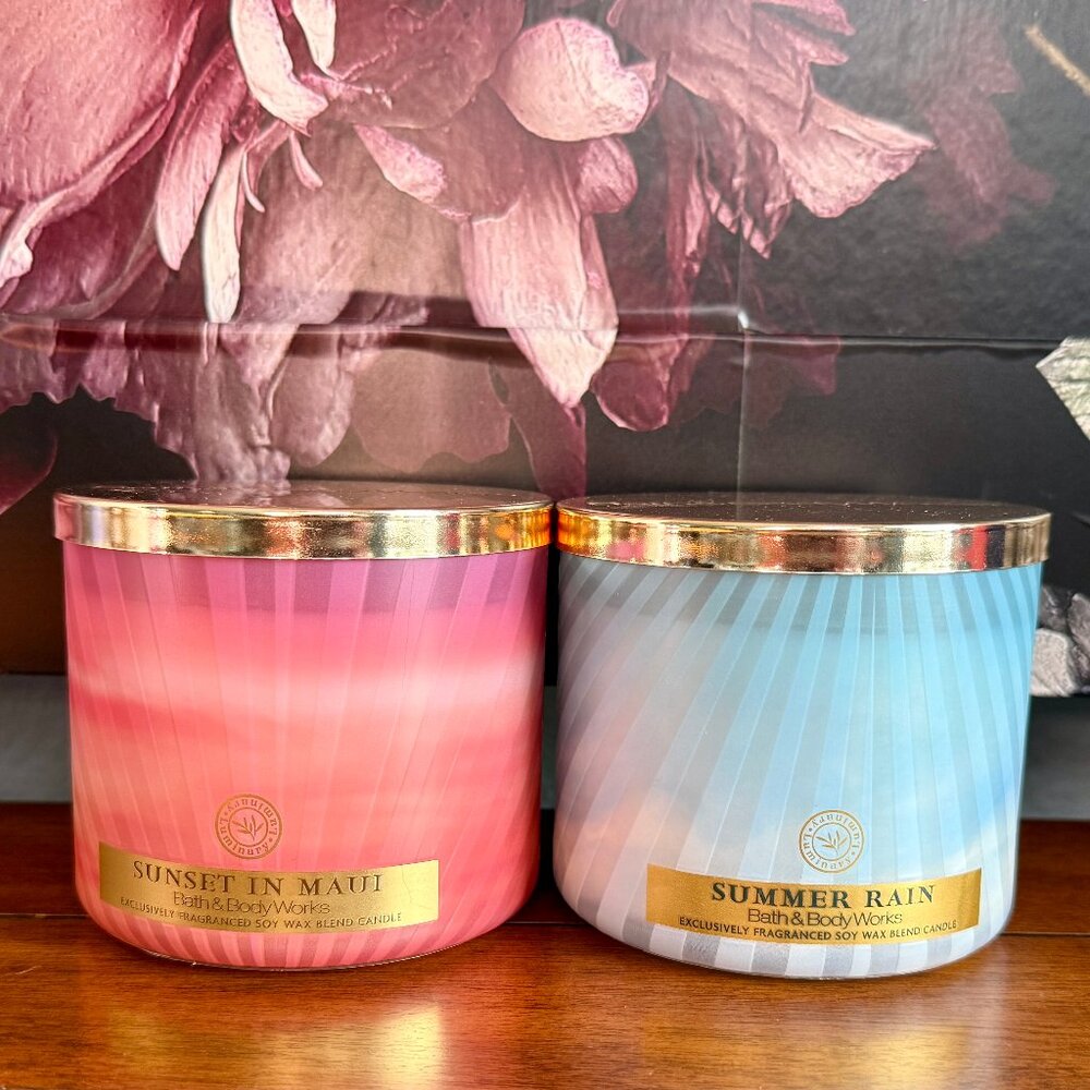 NEW 2-Pc SUNSET IN MAUI & SUMMER RAIN Glowing Luminary 3-Wick Candles